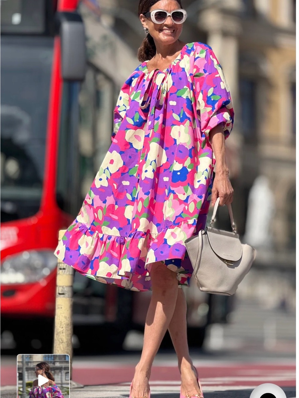 Bright Floral Puff-Sleeve Swing Dress - Pink & Purple